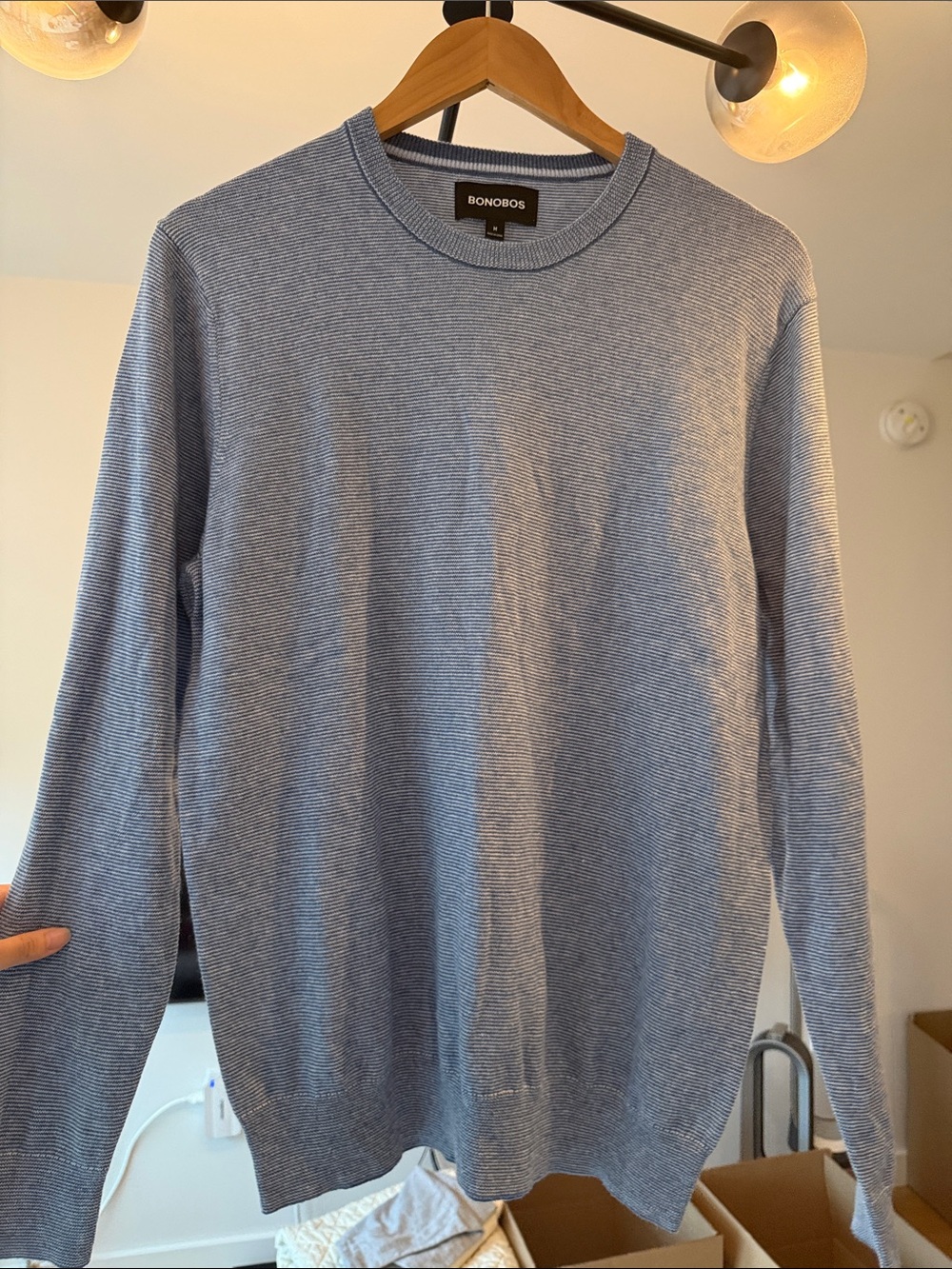 Bonobos Pale Blue and White Striped Crewneck Sweater